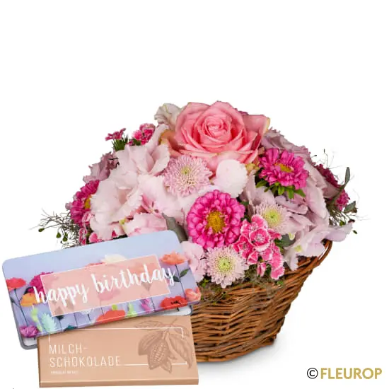 Ein Blumengruss in zarten Farben mit Munz Schoggi-Tafel «Happy Birthday»