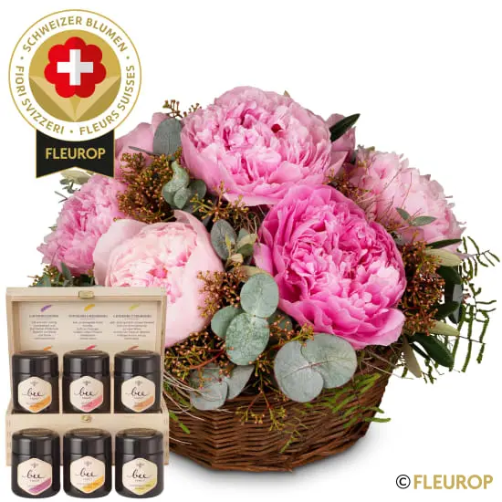 [86859] Pfingstrosengesteck mit Schweizer Blumen und Honig Geschenk-Set von Bee-Family