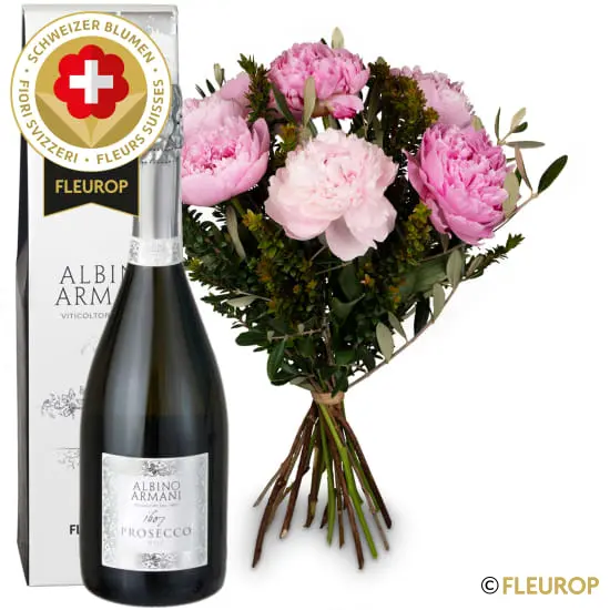 [86861] Pfingstrosenstrauss mit Schweizer Blumen und Prosecco Albino Armani DOC (75 cl)
