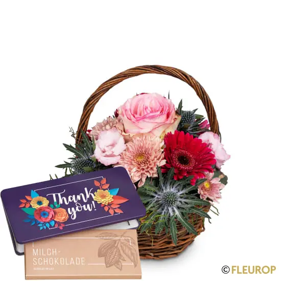 Romantischer Blumengruss mit Munz Schoggi-Tafel «Thank you»