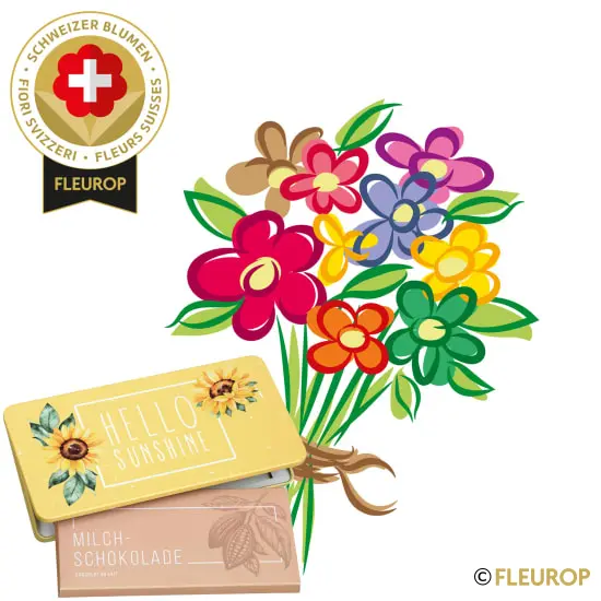 [82733-M] Saisonstrauss mit Schweizer Blumen und Munz Schoggi-Tafel «Hello Sunshine» (Minimum)