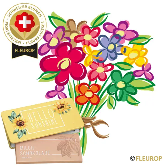Saisonstrauss mit Schweizer Blumen und Munz Schoggi-Tafel «Hello Sunshine»