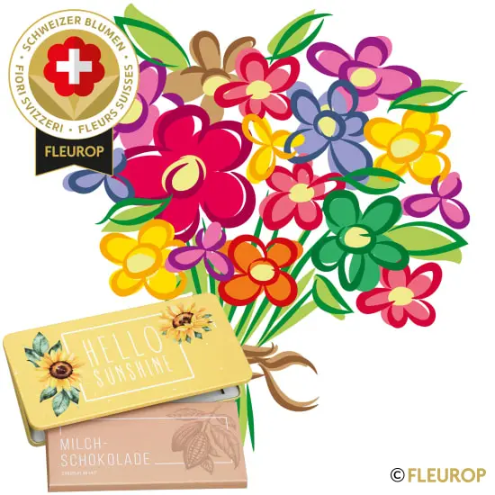 Saisonstrauss mit Schweizer Blumen und Munz Schoggi-Tafel «Hello Sunshine»