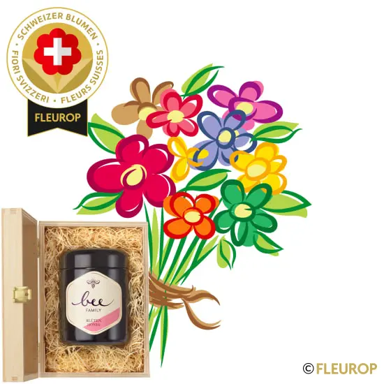[82732-M] Saisonstrauss mit Schweizer Blumen und Schweizer Blütenhonig von Bee-Family (Minimum)