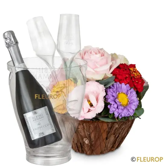 [76677-M] Süsser Blumengruss mit Prosecco Albino Armani DOC (75 cl), inkl. Eiskühler und zwei Flûte-Gläser (Minimum)