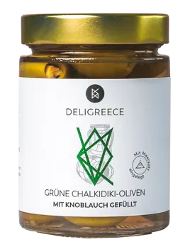 Grüne Oliven mit Knoblauch in Meersalzlake 350 g