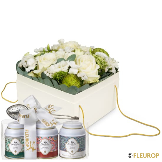 [78451] Blumenbox «Dublin» (20 cm) mit Gottlieber Tee Geschenk-Set