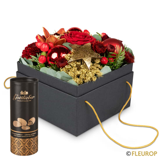 [89557] Blumenbox «New York» (15 cm) mit Gottlieber Cacaomandeln