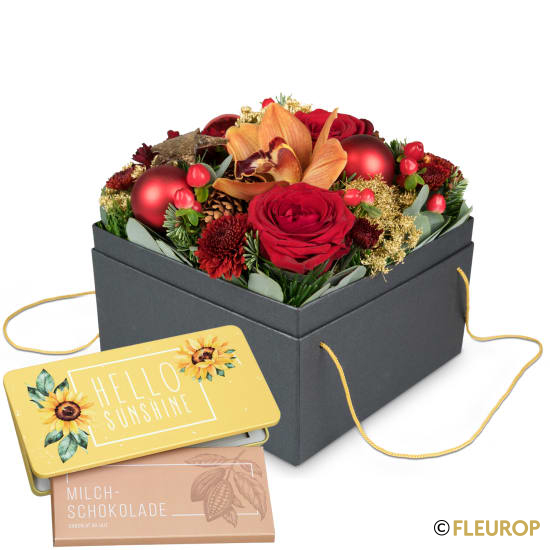 [89558] Blumenbox «New York» (20 cm) mit Munz Schoggi-Tafel «Hello Sunshine» 