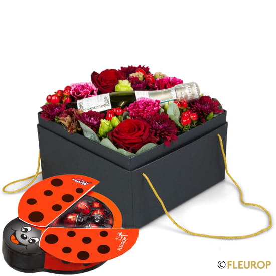 [80952] Blumenbox «Shanghai» (20 cm) mit Prosecco Albino Armani DOC (20 cl) mit Munz Schoggi-Glückskäfer