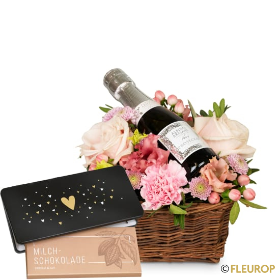 [76143-m] Blumenfee mit Prosecco Albino Armani DOC (20 cl) und Munz Schoggi-Tafel «Heart» (Minimum)