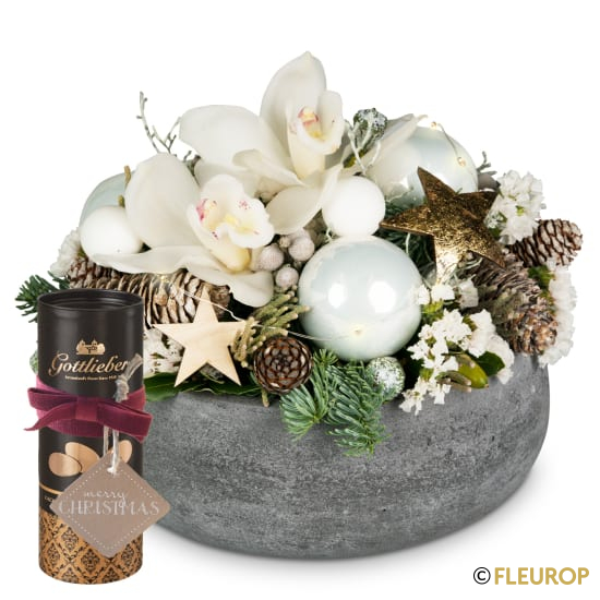 [89544] Edle Sternstunden (mit Lichterkette) mit Gottlieber Cacaomandeln und «Merry Christmas»-Anhänger 