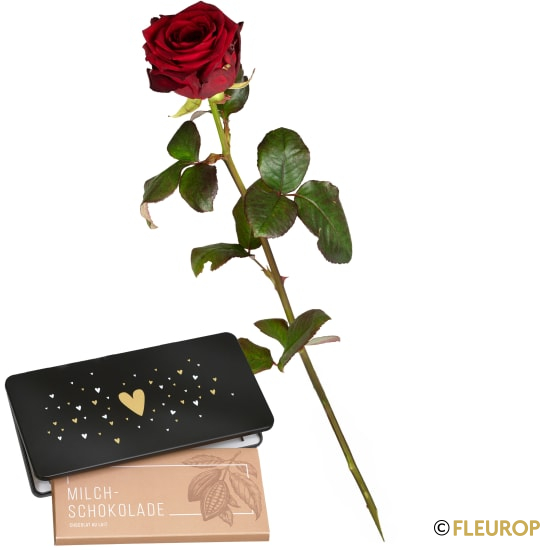 [75471] 1 rote Rose mit Munz Schoggi-Tafel «Heart»