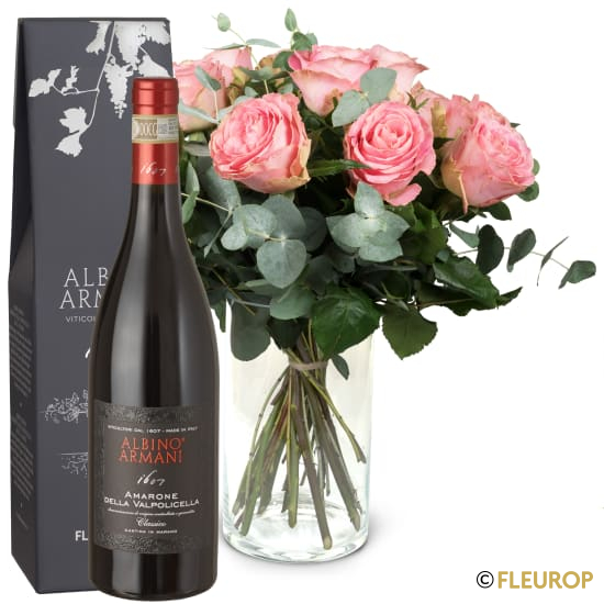 12 rosa Rosen mit Grün und Amarone Albino Armani DOCG (75 cl)