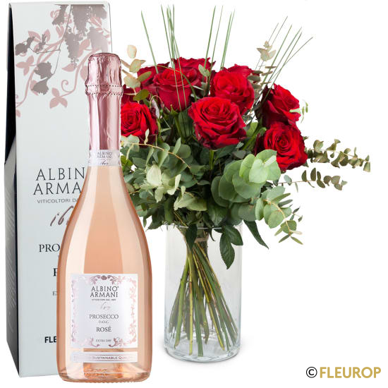 [89609] 12 rote Rosen mit Grün mit Prosecco Rosé Albino Armani DOC (75 cl)