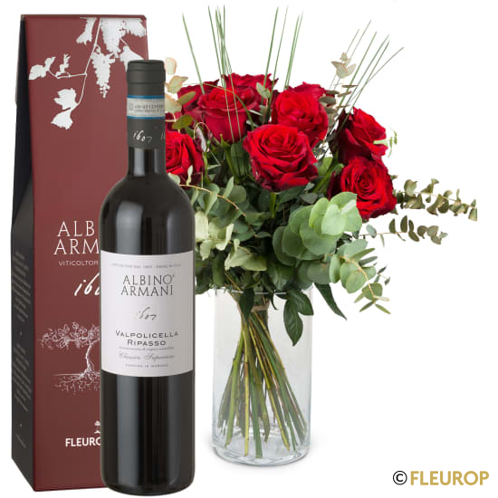 12 rote Rosen mit Grün und Ripasso Albino Armani DOC (75 cl)