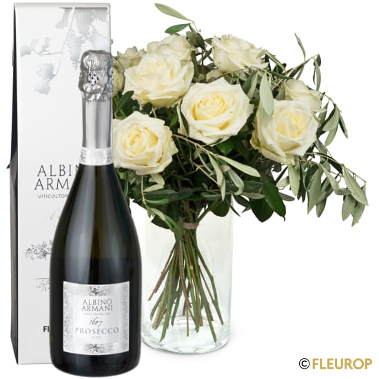 12 weisse Rosen mit Grün und Prosecco Albino Armani DOC (75 cl)