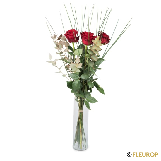 3 rote Rosen mit Grün