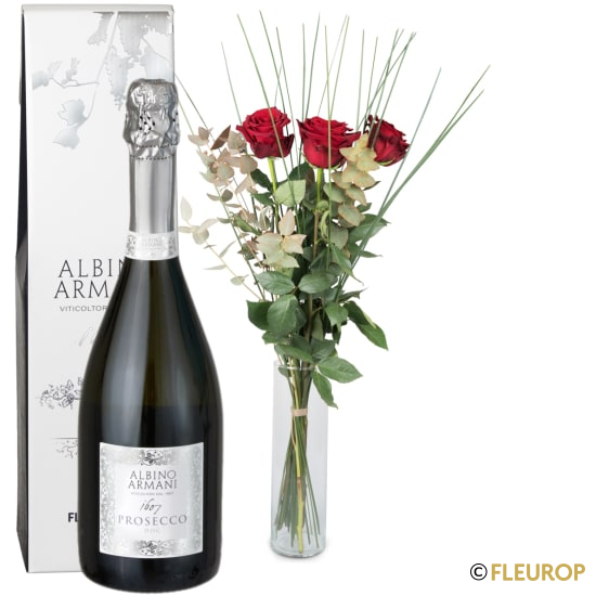 [78664] 3 rote Rosen mit Grün und Prosecco Albino Armani DOC (75 cl)