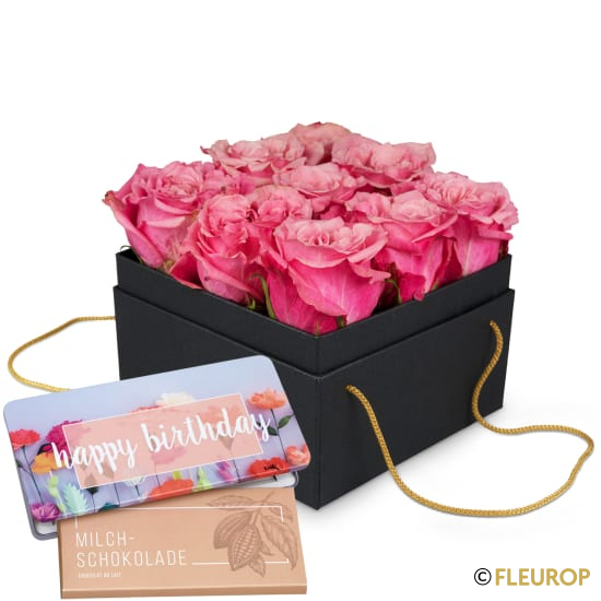 Blumenbox «Lisbon» (15 cm) mit Munz Schoggi-Tafel «Happy Birthday»