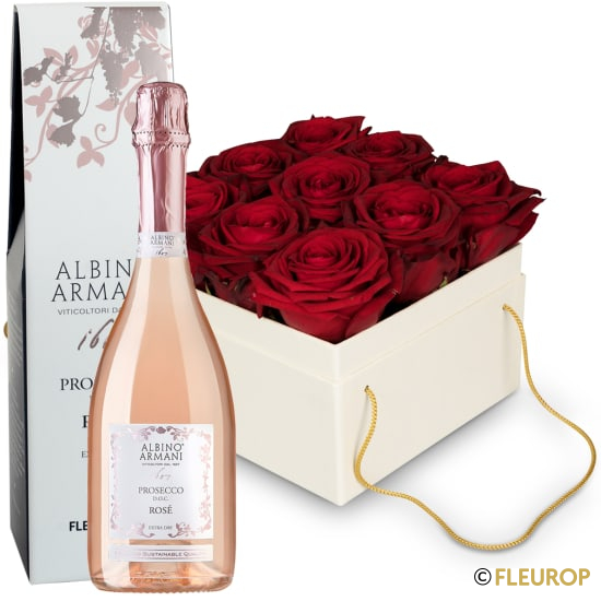[89592] Blumenbox «Venice» (15 cm) mit Prosecco Rosé Albino Armani DOC (75 cl)