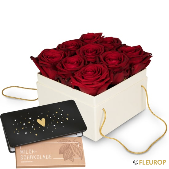Blumenbox «Venice» (15 cm) und Munz Schoggi-Tafel «Heart»