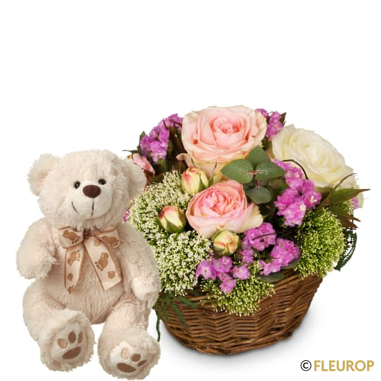 [76498-M] Ein Korb voll Poesie mit Rosen und Teddybär (Minimum)