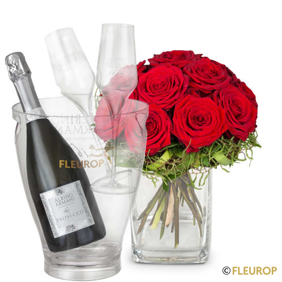 Kleine Rosenperle mit Prosecco Albino Armani DOC (75 cl), inkl. Eiskühler und zwei Flûte-Gläser