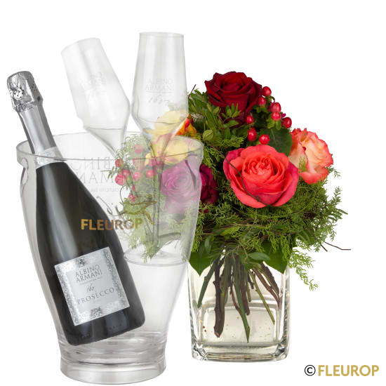 Rosenzauber mit Prosecco Albino Armani DOC (75 cl), inkl. Eiskühler und zwei Flûte-Gläser