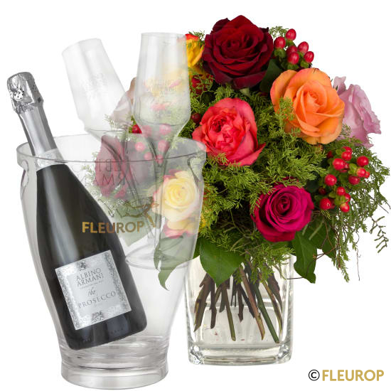 Rosenzauber mit Prosecco Albino Armani DOC (75 cl), inkl. Eiskühler und zwei Flûte-Gläser