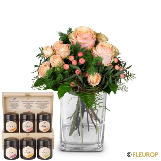 [80695-M] Zarte Winterrosen mit Honig Geschenk-Set von Bee-Family (Minimum)