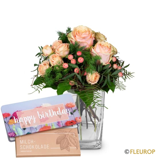 [77594-M] Zarte Winterrosen mit Munz Schoggi-Tafel «Happy Birthday» (Minimum)