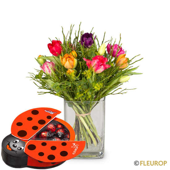 Bunter Tulpenstrauss mit Munz Schoggi-Glückskäfer