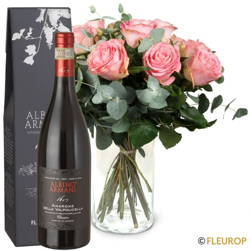 [78669] 12 rosa Rosen mit Grün und Amarone Albino Armani DOCG (75 cl)
