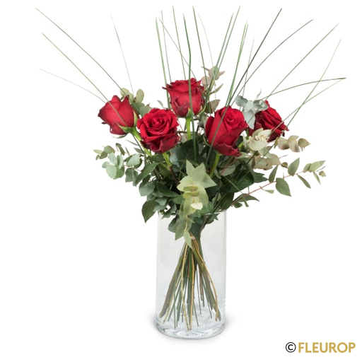 [78436] 5 rote Rosen mit Grün
