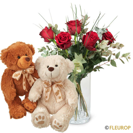 [78665] 5 rote Rosen mit Grün und Teddybärenpaar