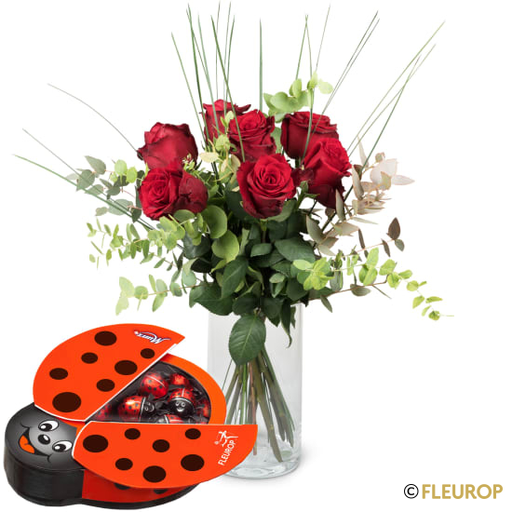 [78666] 7 rote Rosen mit Grün und Munz Schoggi-Glückskäfer