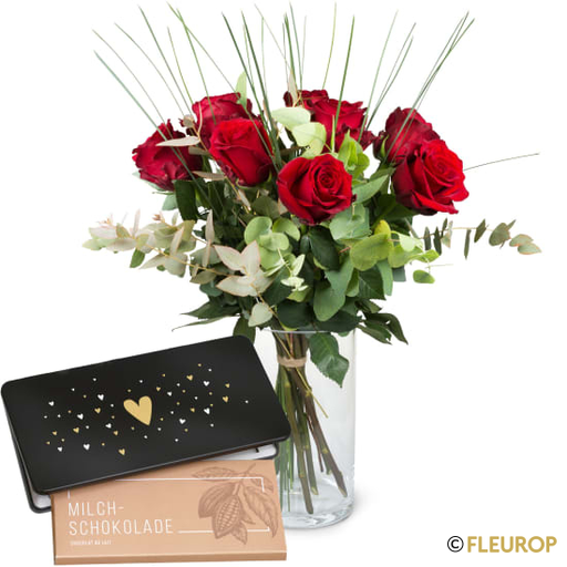 [78667] 9 rote Rosen mit Grün und Munz Schoggi-Tafel «Heart»