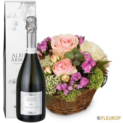 Ein Korb voll Poesie mit Rosen und Prosecco Albino Armani DOC (75 cl)