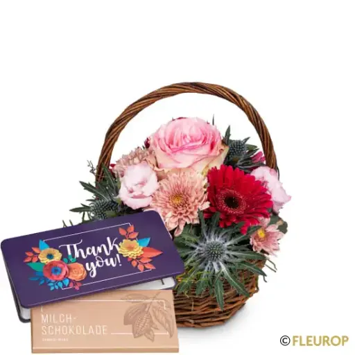 Romantischer Blumengruss mit Munz Schoggi-Tafel «Thank you»