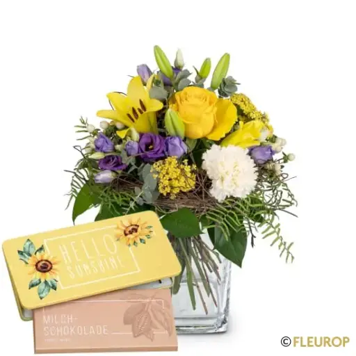 Sommer-Sonne mit Lilien mit Munz Schoggi-Tafel «Hello Sunshine»
