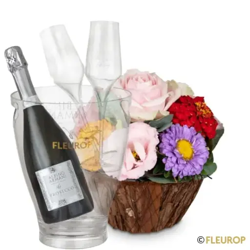 Süsser Blumengruss mit Prosecco Albino Armani DOC (75 cl), inkl. Eiskühler und zwei Flûte-Gläser